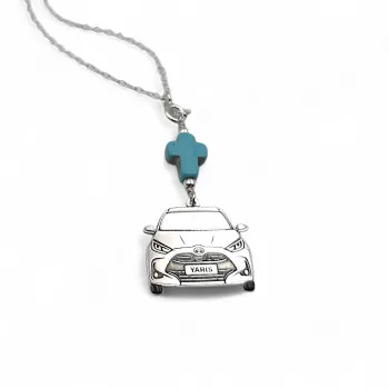 Ασημένιο Κρεμαστό Καθρέφτη Toyota Yaris με Γαλάζιο Σταυρό & Δυνατότητα Χάραξης