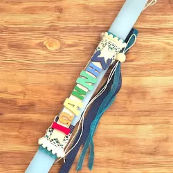 Handmade Easter Candle with Personalized Wooden Name and Light Blue Scented Candle