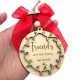 handmade wooden Friends 2026 Christmas ornament with red ribbon