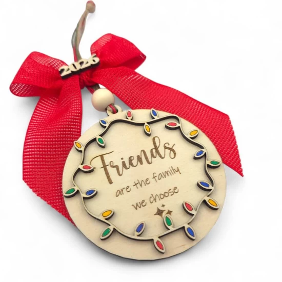 handmade wooden Friends 2026 Christmas ornament with red ribbon