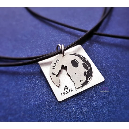 Silver jewelry for couples with moon and wolf