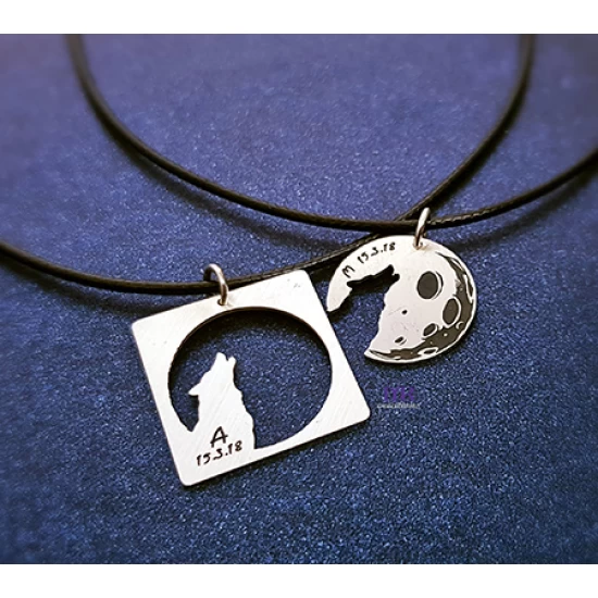 Silver jewelry for couples with moon and wolf