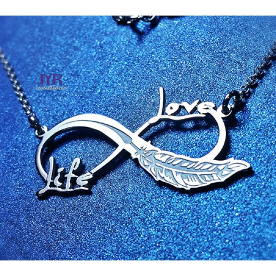 Handmade silver pendant with infinity feather and two names of your choice