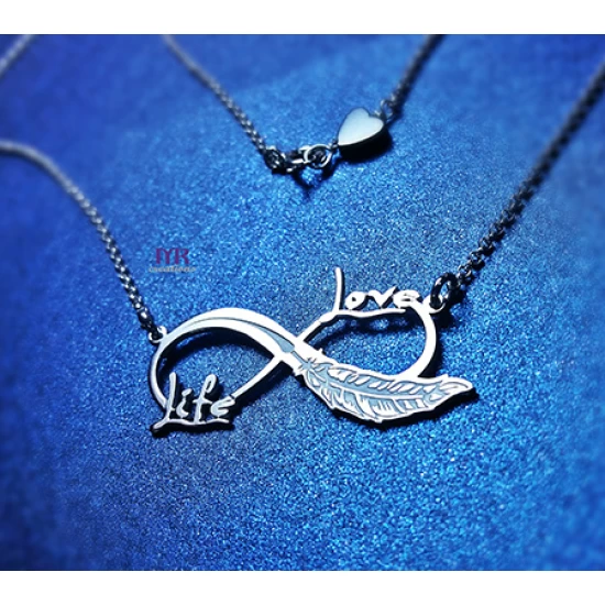 Handmade silver pendant with infinity feather and two names of your choice