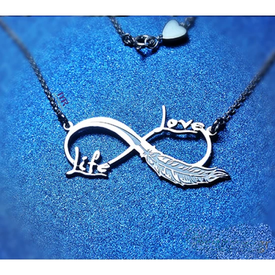 Handmade silver pendant with infinity feather and two names of your choice