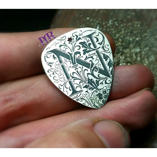 Silver guitar nib pendant with an initial of your choice engraved