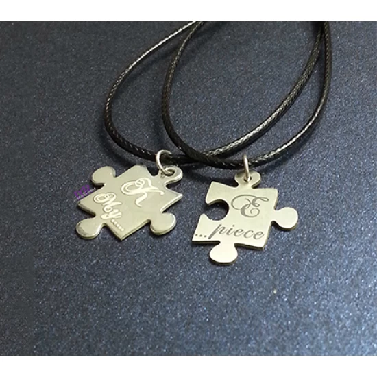 My piece 2 piece puzzle handmade silver jewelry for couples with initials 1 sagre and 1 shiny