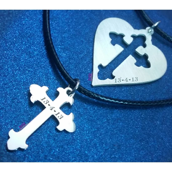 Silver heart cross jewelry for couples with date