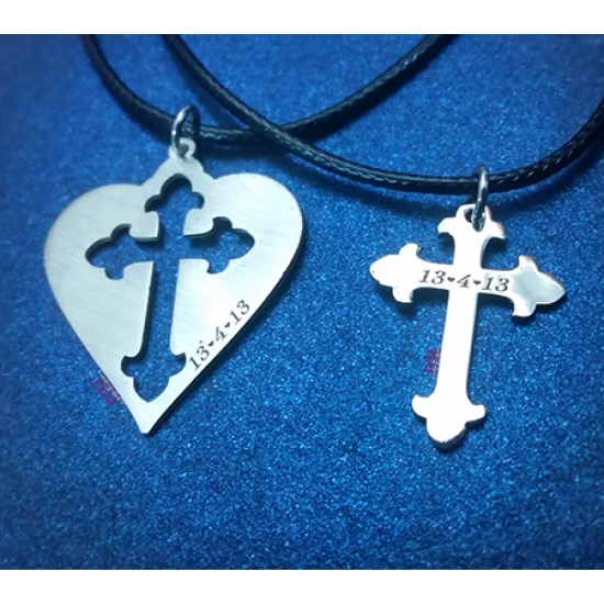 Silver heart cross jewelry for couples with date