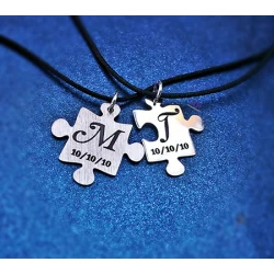 My piece 2 piece puzzle handmade silver jewelry for couples with initials 1 sagre and 1 shiny