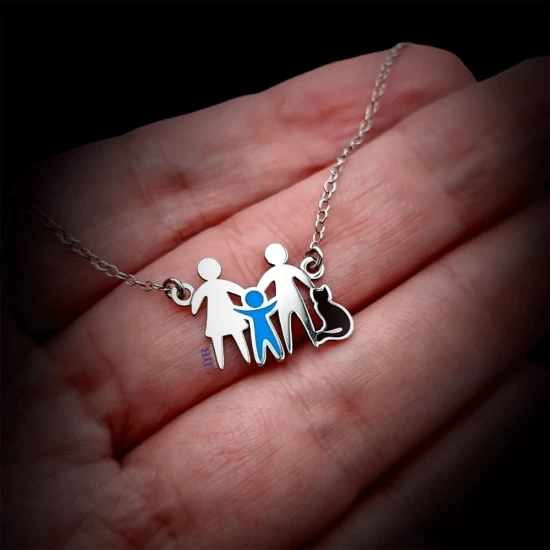 Family Dad Mom Boy Cat Silver Pendant