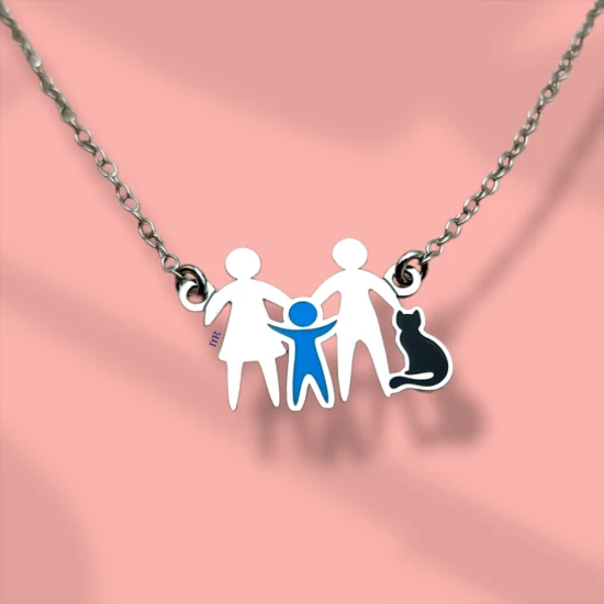 Family Dad Mom Boy Cat Silver Pendant