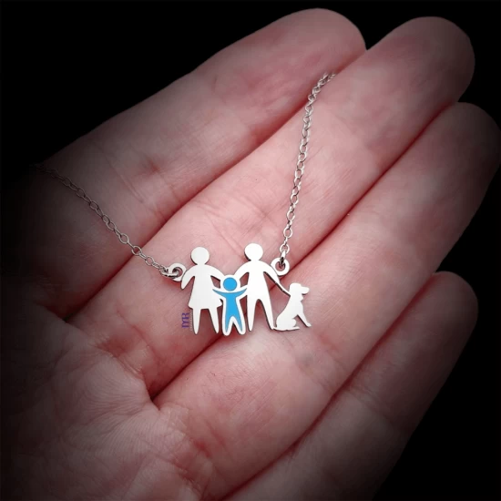 Family Mom Dad Boy Dog Silver Pendant