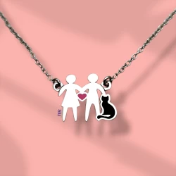 Silver pendant family mom dad cat with enamel