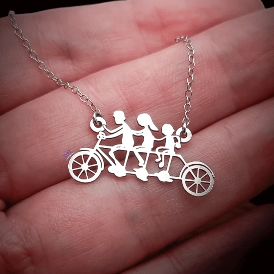 Silver bike pendant with mom dad boy family