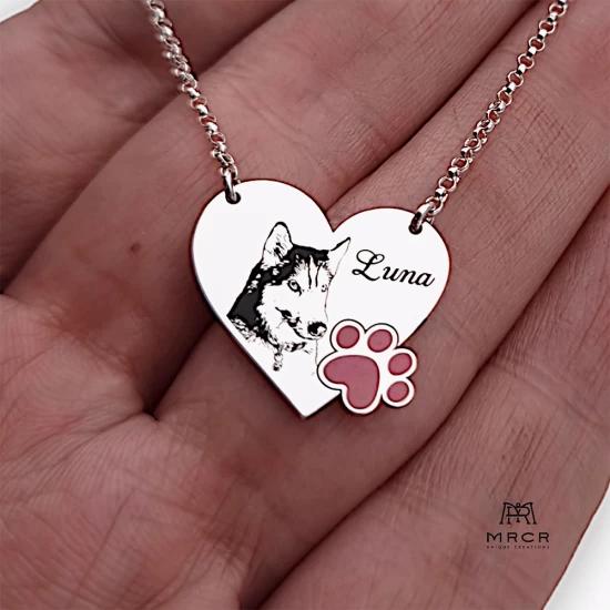 Silver pendant with photo and paw print
