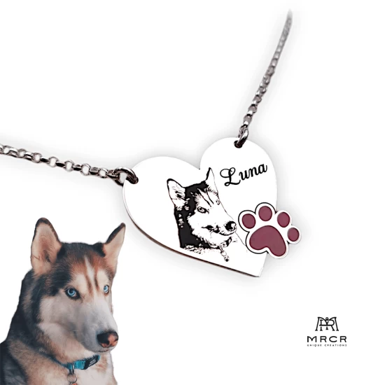 Silver pendant with photo and paw print