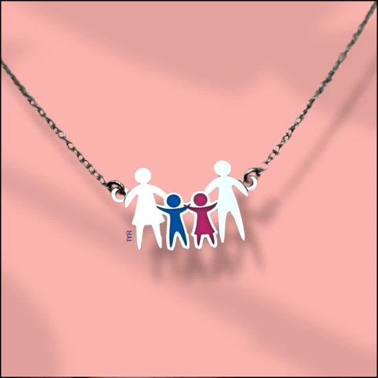 Family Dad Mom Boy Girl Silver Pendant